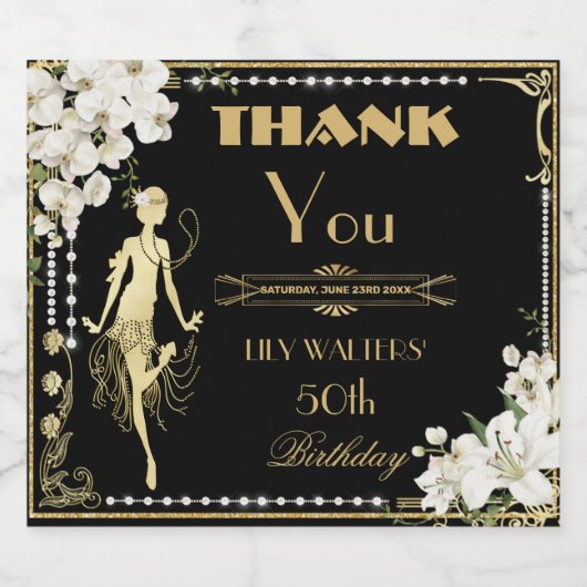 Parels Witte Bloemen Art Deco Gatsby 20s Verjaarda Sparkling Wijnetiket (Enkel label)