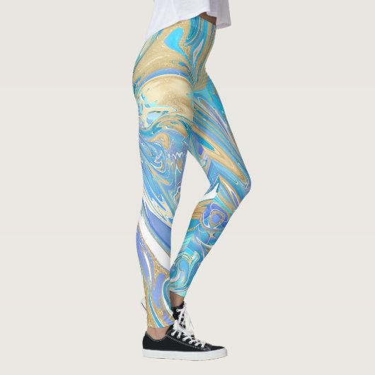 Parelsachtig Aqua & Goud Vloeibare Marmer Leggings (Rechts)