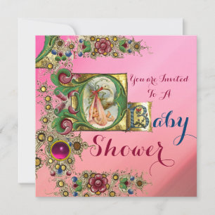 PARELTJES EN PINK GOLD FLORAL STORK GIRL BABY SHOW KAART