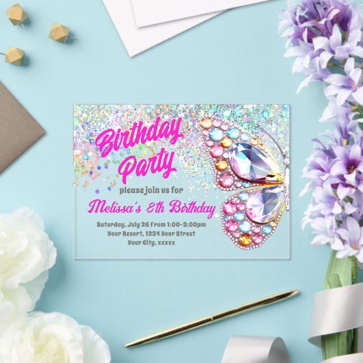 Pareltjes vlinder verjaardagsuitnodiging acryl uitnodigingen (Insitu (Huwelijk))