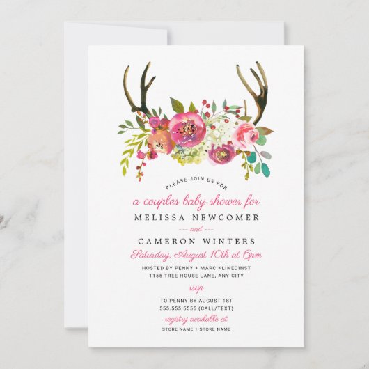 Paren Baby shower, roze floral gewei nodigt uit Kaart (Voorkant)