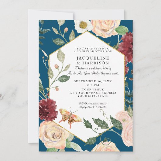 Paren Douche Waterverf Pauw Blauw Roos Bloemen Kaart (Voorkant)