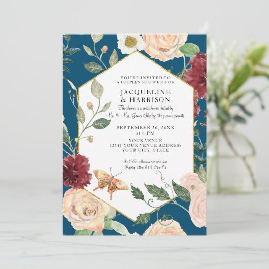 Paren Douche Waterverf Pauw Blauw Roos Bloemen Kaart (Staand voorkant)