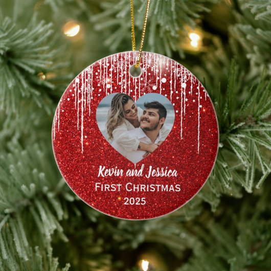 Paren Eerste Kerstfoto Naam Keramisch Ornament (Boom)