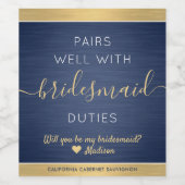 Paren Goed Bruidsmeisje Voorstel Geborsteld Blauw  Wijn Etiket (Enkel label)