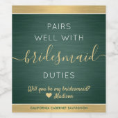 Paren goed bruidsmeisje voorstel geborsteld groen  wijn etiket (Enkel label)