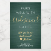 Paren Goed Bruidsmeisje Voorstel Groen en Goud Min Wijn Etiket (Enkel label)