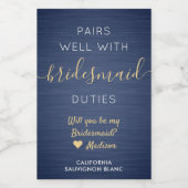 Paren Goed Bruidsmeisje Voorstel Marine Blauw Goud Wijn Etiket (Enkel label)