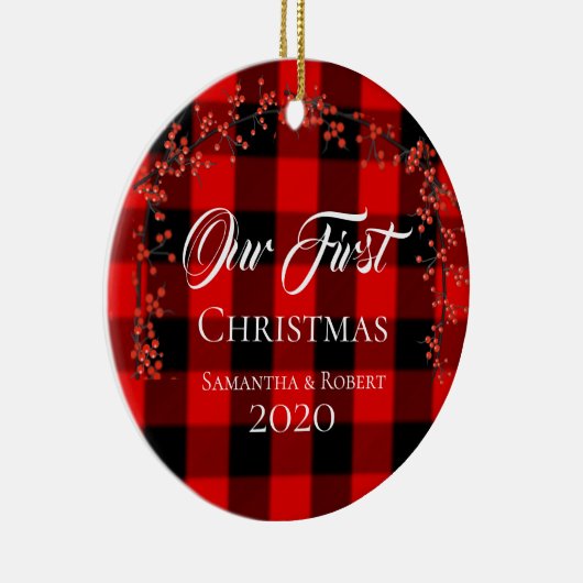 Paren met eerste kerstnaam Datum Rood speldebetje Keramisch Ornament (Rechts)