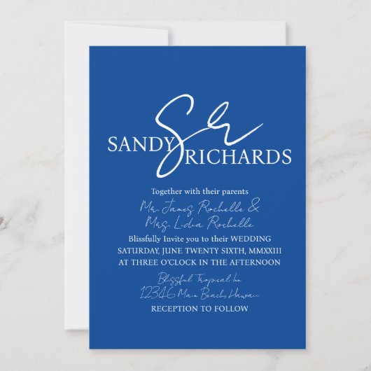Paren Monogrammed Blue White Script Wedding Kaart (Voorkant)