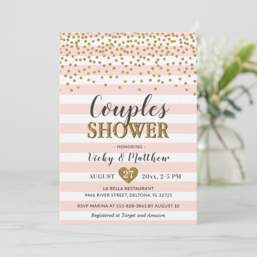 Paren Trouwdouche Blush Roze Goud Confetti Kaart (Staand voorkant)