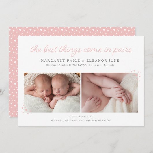 Paren Twin Birth Announounding met roze harten Aankondiging (Voorkant / Achterkant)