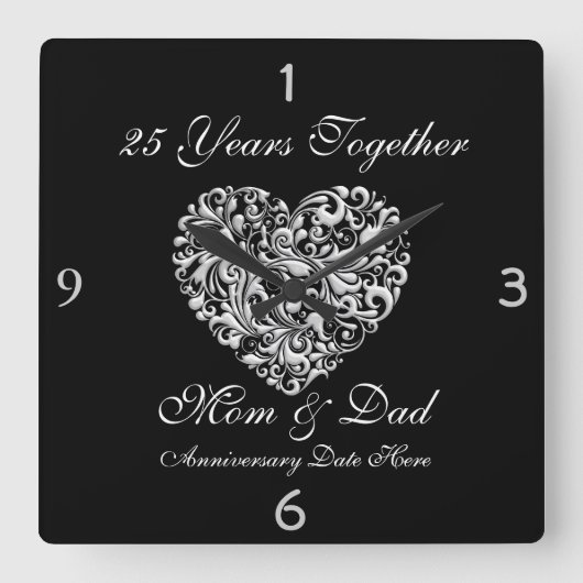 PARENTS SILVER 25th Jubileum GIFT Wall Clock Vierkante Klok (Voorkant)