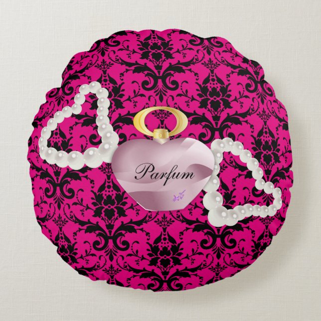 Parfum & Pearls Pink Damask Round Pillow Rond Kussen (Voorkant)