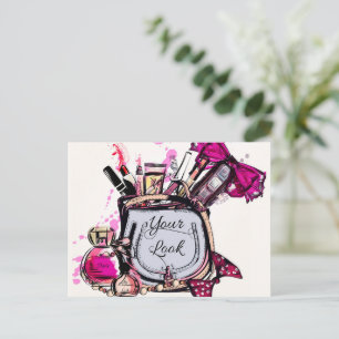 Parfum, rode lipstick en een hogedrukschoen briefkaart