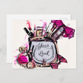 Parfum, rode lipstick en een hogedrukschoen briefkaart (Voorkant / Achterkant)