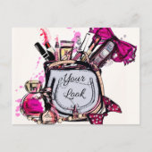 Parfum, rode lipstick en een hogedrukschoen briefkaart (Voorkant)