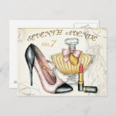 Parfum, rode lipstick en een hogedrukschoen briefkaart (Voorkant / Achterkant)