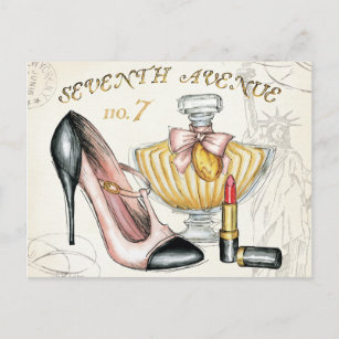 Parfum, rode lipstick en een hogedrukschoen briefkaart