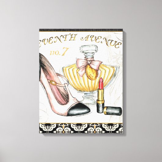 Parfum, rode lipstick en een hogedrukschoen canvas afdruk (Voorkant)