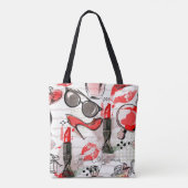 Parfum, rode lipstick en een hogedrukschoen tote bag (Achterkant)