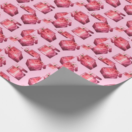 Parfumflessen, roze achtergrond, flatlay cadeaupapier (Hoek)