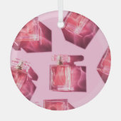 Parfumflessen, roze achtergrond, flatlay glas ornament (Voorkant)