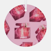 Parfumflessen, roze achtergrond, flatlay glas ornament (Achterkant)
