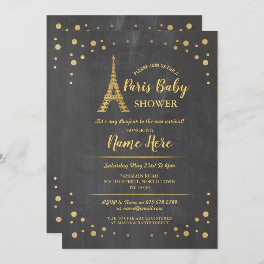 Parijs Baby shower Chalk Gold Eiffeltoren Kaart (Voorkant / Achterkant)