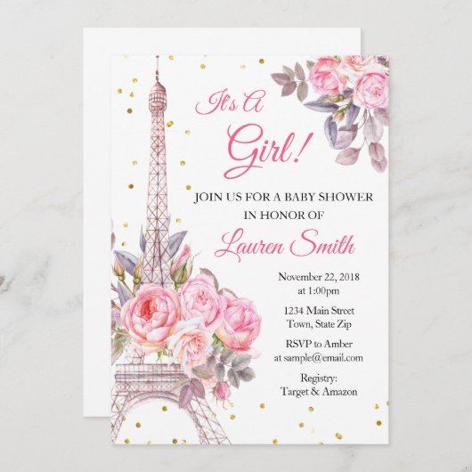 Parijs Baby shower Uitnodiging Eiffeltoren (Voorkant / Achterkant)