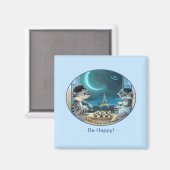 Parijs bij Night Square Magnet 2 inch - Happy (Voorkant / Achterkant)