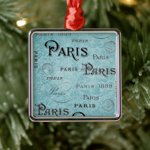 Parijs   Blauwe Damask Metalen Ornament