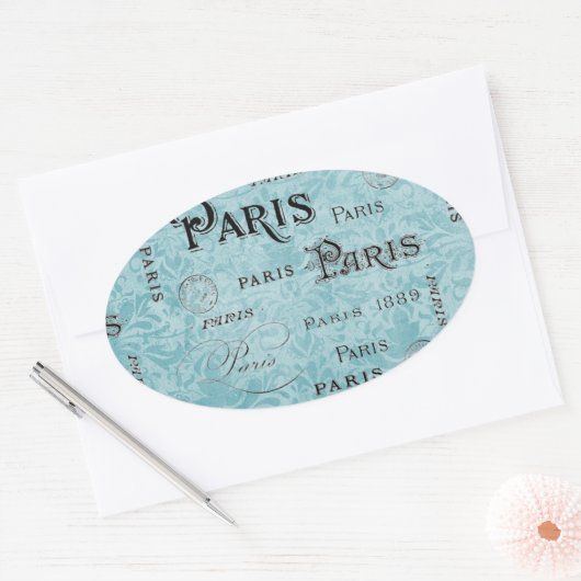 Parijs | Blauwe Damask Ovale Sticker (Envelop)