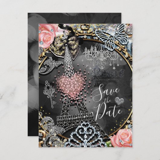 Parijs Bling Glamour Glitters Frankrijk Datum Besp Aankondigingskaart (Voorkant / Achterkant)