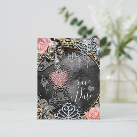 Parijs Bling Glamour Glitters Frankrijk Datum Besp Aankondigingskaart (Staand voorkant)