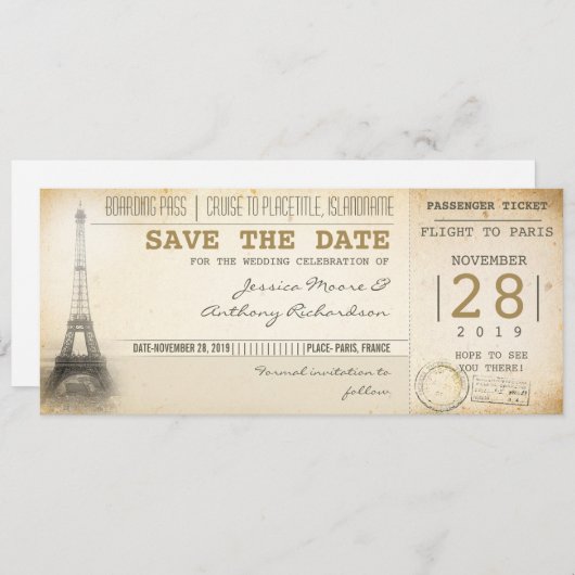 Parijs boarding pass tickets voor de datum opslaan save the date (Voorkant / Achterkant)