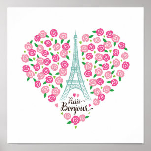 Parijs Bonjour   Floral Heart Poster