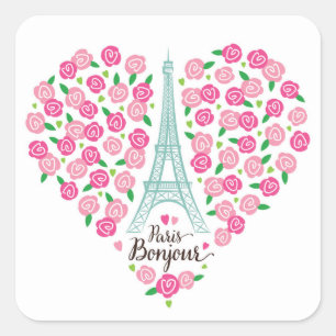 Parijs Bonjour Floral Heart Vierkante Sticker