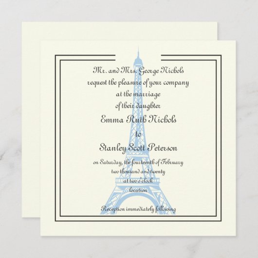 Parijs bruiloft blauw Eiffeltoren ivoor uitnodigin Kaart (Voorkant / Achterkant)
