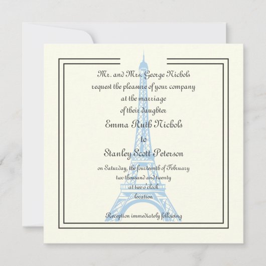 Parijs bruiloft blauw Eiffeltoren ivoor uitnodigin Kaart (Voorkant)