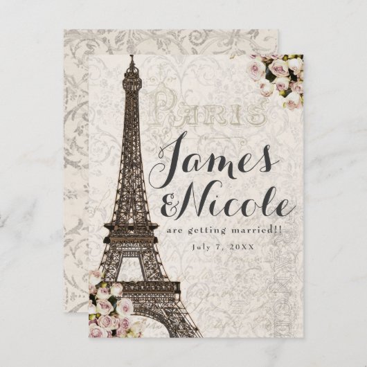 Parijs Chic Elegant Eiffeltoren Save the Date Aankondigingskaart (Voorkant / Achterkant)