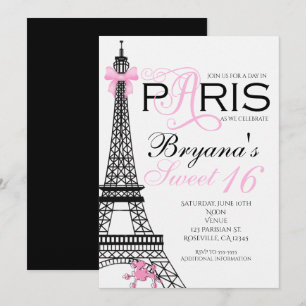 Parijs Chic Elegante Roze & Zwarte Feest Uitnodigi Kaart