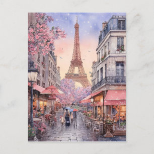 Parijs City Straatscène met Eiffeltoren Art Briefkaart