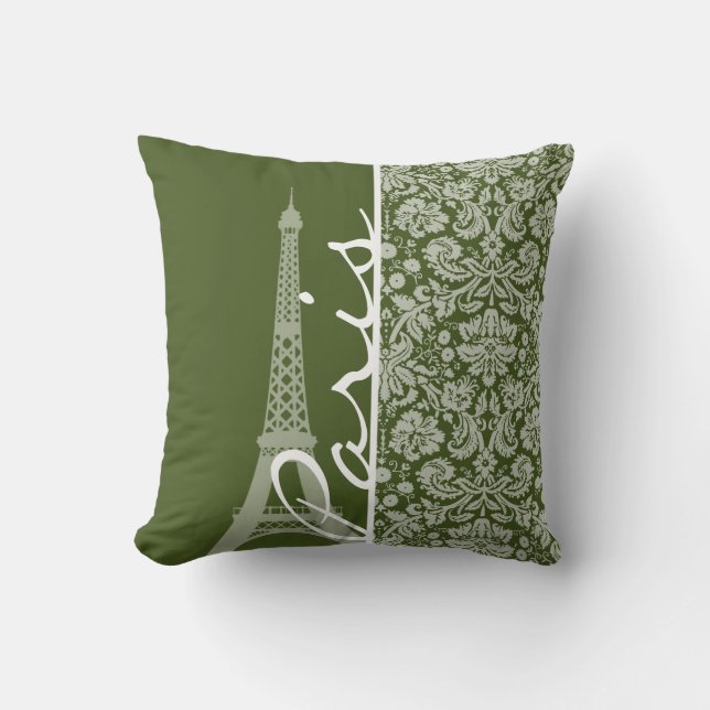 Parijs; Dark Moss Green Damask Kussen (Voorkant)