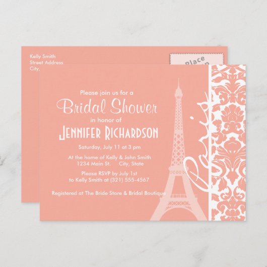 Parijs; Deep Peach Damask Uitnodiging Briefkaart (Voorkant / Achterkant)
