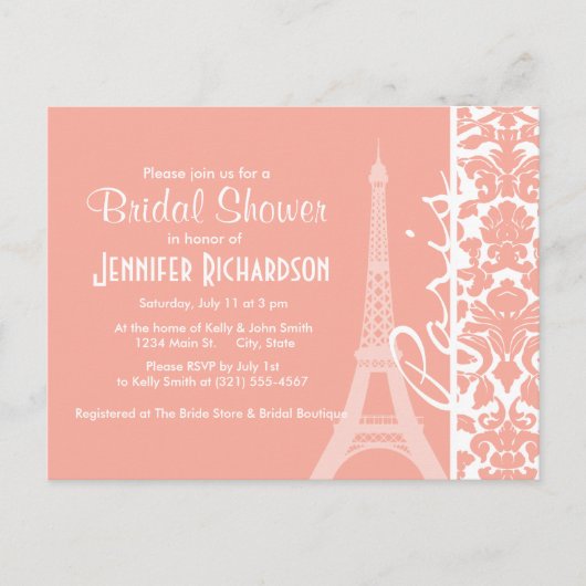 Parijs; Deep Peach Damask Uitnodiging Briefkaart (Voorkant)