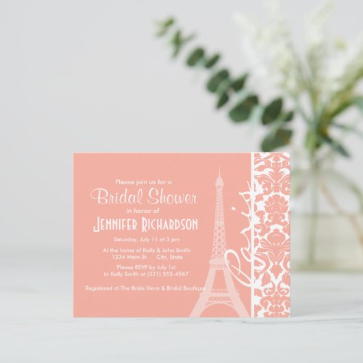 Parijs; Deep Peach Damask Uitnodiging Briefkaart (Staand voorkant)