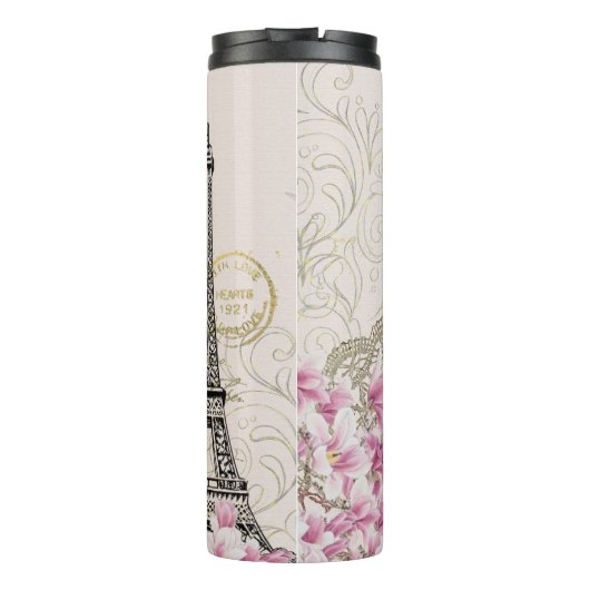 Parijs Eifel Tower Square  Roze Rozen Kunst Thermosbeker (Achterkant)