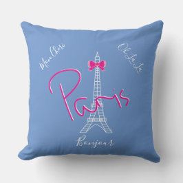Parijs, Eiffel Tower Pink Bow, Frans modern blauw Kussen