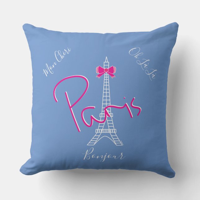 Parijs, Eiffel Tower Pink Bow, Frans modern blauw Kussen (Voorkant)